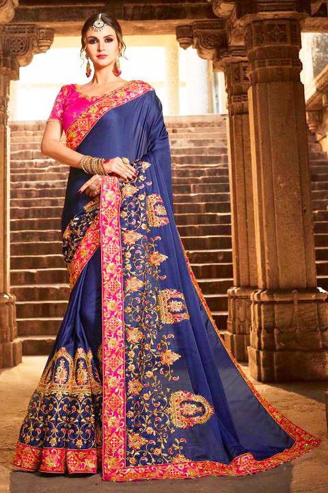 Designer Blue and Pink Bridal Saree - PAAIE