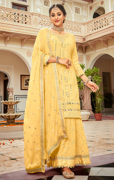 Designer Yellow Color Suit with Sharara & Dupatta in Georgette (K730)