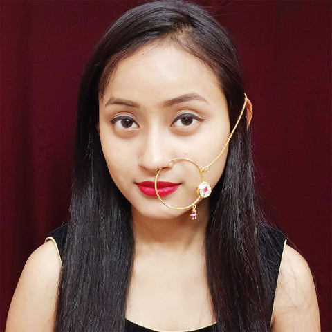 Gold Plated Royal Kundan Studded Nose Ring with Chain - NATH (Design 9)