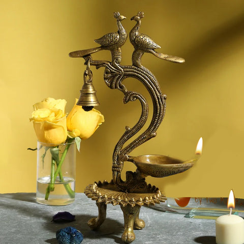 Ethnic Carved Twin Peacock Over Brass Diya, Indian Decor Diya, Brass Oil Lamp, Indian Houseware, Brass Decorative Diyas (Design 54)