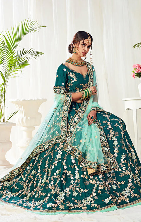 Designer Engagement Dark Green And Mint Embroidered Silk Lehenga Choli (D21)