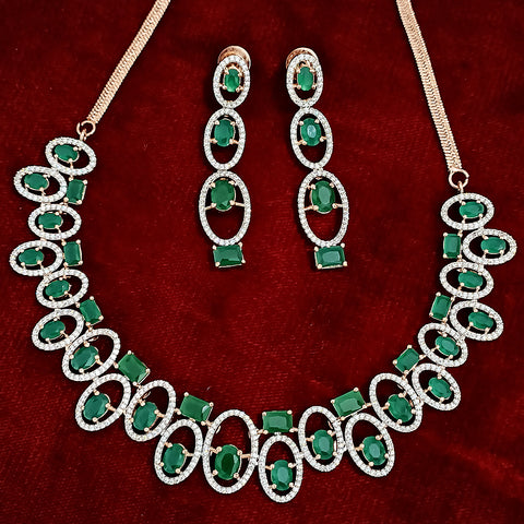 Green Color American Diamond Necklace with Earrings (D131) - PAAIE