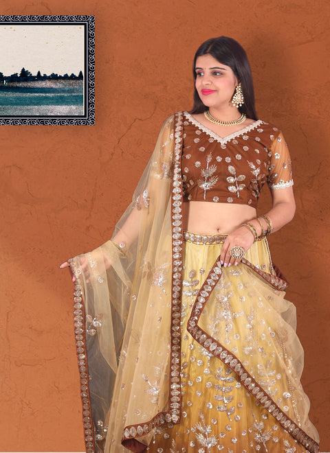 Designer Wedding Mustard Yellow & Brown Color Silver Toned Heavy Sequin Net Lehenga Choli (D146)