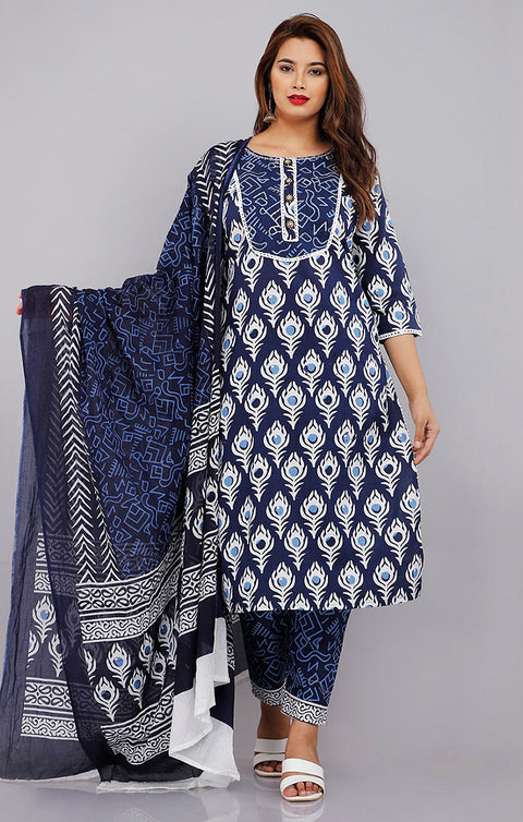 Adorable Navy Blue  Designer Kurti, Pant with Dupatta For Ethnic Wear (K351) - PAAIE