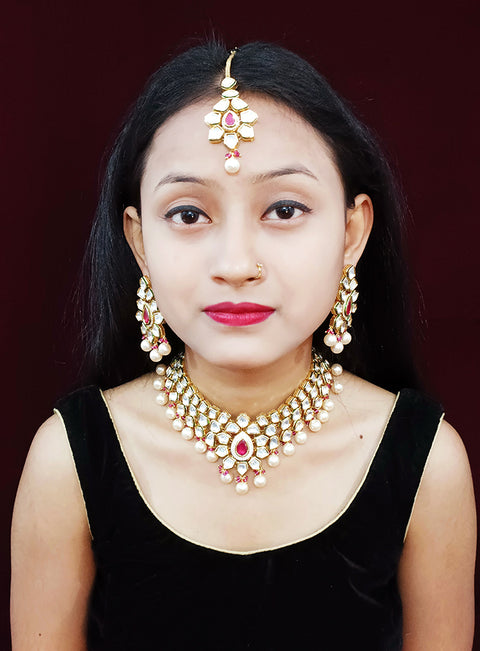 Designer Gold Plated Three Layer Royal Kundan & Pearl Necklace with Earrings (D261)