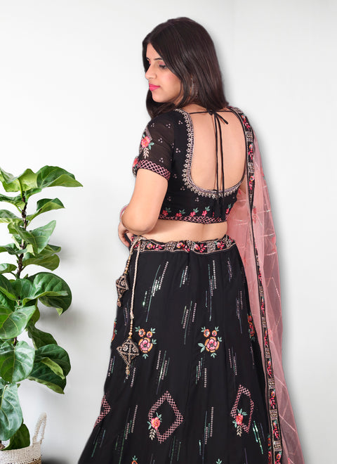 Designer Black Heavy Thread Embroidery With Sequence Work Lehenga Choli (D140)