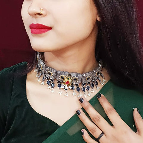 Designer Silver Oxidized & Blue Beaded Necklace Set (D267)