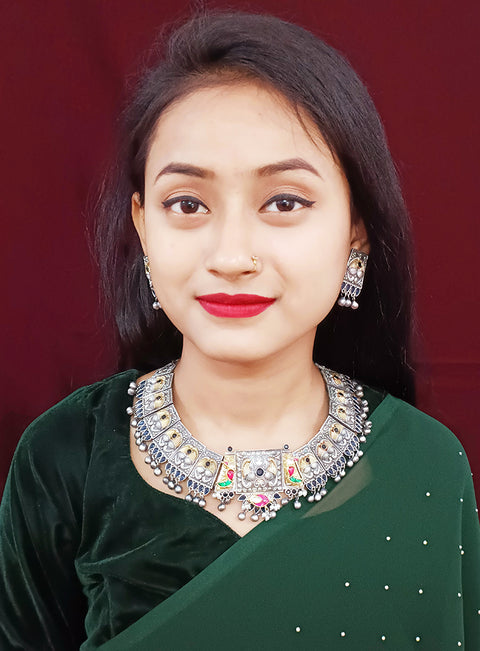 Designer Silver Oxidized & Gold Enameled Blue Beaded Necklace Set (D269)