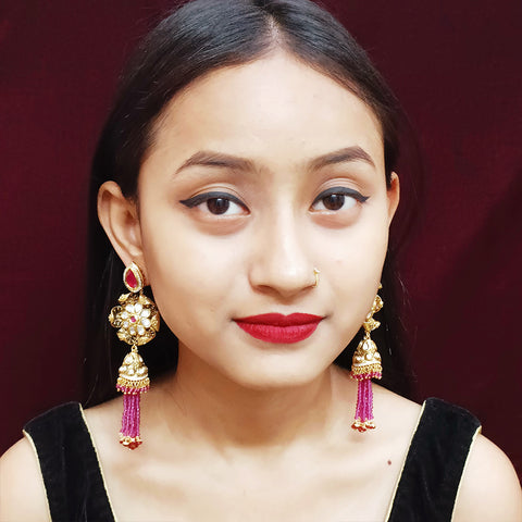 Golden Oxidized Royal Kundan & Ruby Traditional Earrings (E339)