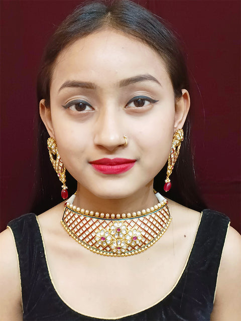 Designer White Kundan & Red Beads Choker Style Necklace with Earrings (D293)