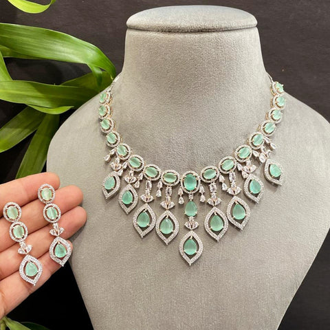 Designer Semi-Precious American Diamond & Mint Green Necklace with Earrings (D310)