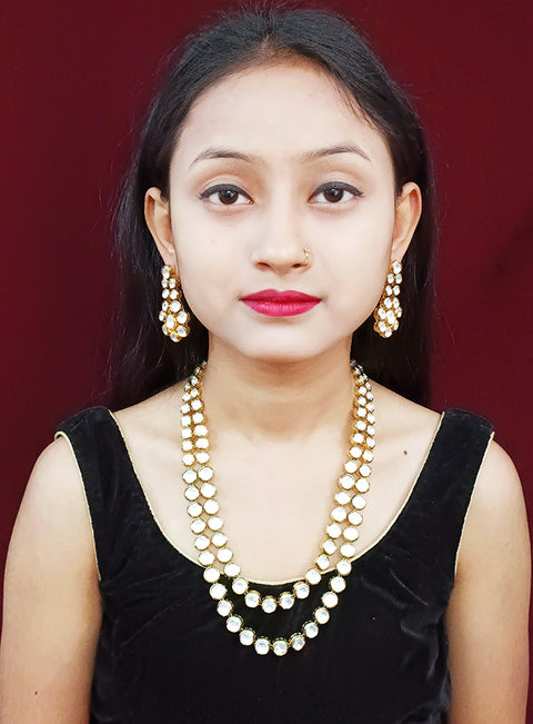 Designer Gold Plated Two Layer Royal Kundan Long Necklace with Earrings (D259)