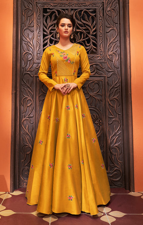 Vibrant Yellow Gown with Embroidery Work In Modern Style (K384) - PAAIE