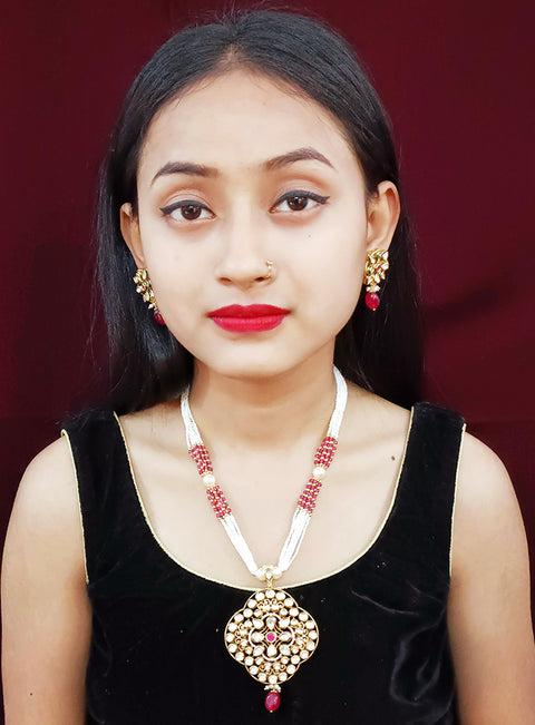 Designer Gold Plated Royal Kundan Pendant with Red & White Beaded Chain Set (D247)