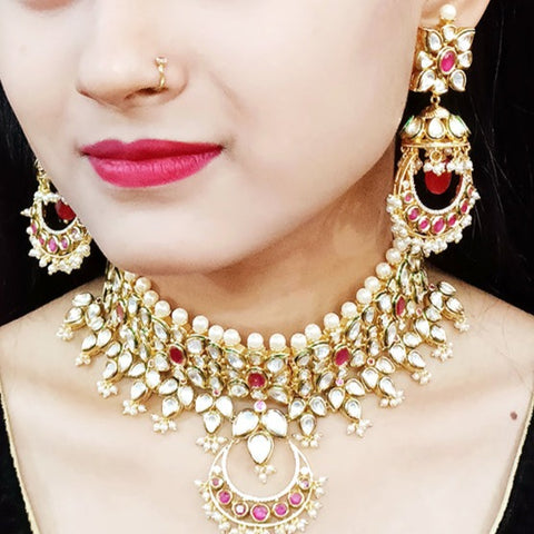 Designer Gold Plated Multi Layer Royal Kundan & Ruby Necklace with Earrings (D262)