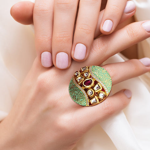 Gold Plated Adjustable Kundan Ring (Design 62) - PAAIE