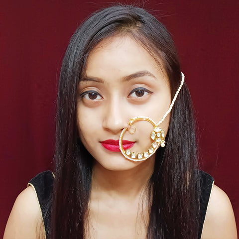 Gold Plated Royal Kundan Studded Nose Ring with Chain - NATH (Design 18)