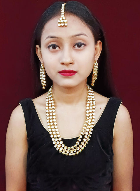 Designer Gold Plated Three Layer Royal Kundan Long Necklace with Earrings (D263)