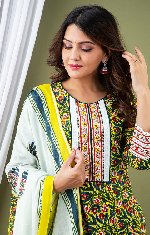Vibrant Yellow Designer Kurti, Pant with Dupatta For Ethnic Wear (K330) - PAAIE