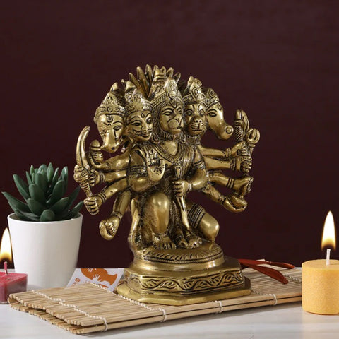 Seated Panchmukhi Hanuman Brass Statue, Hindu Monkey Deity Brass Hanuman Statuette, Hindu God Idols, Bajrang Bali Statue (Design 39)