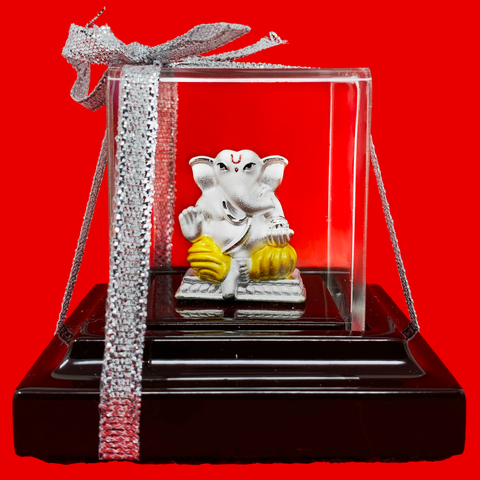 999 Pure Silver Small Square Yellow Ganesha Idol - PAAIE