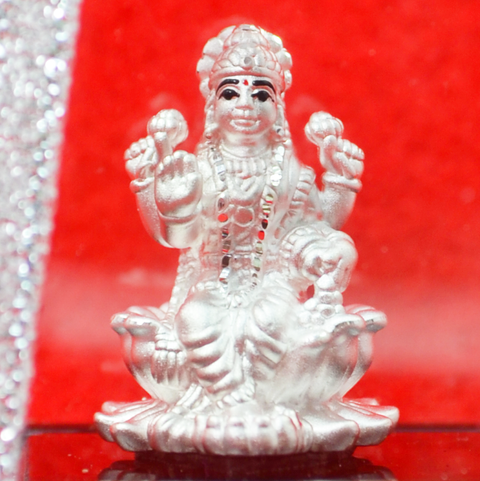 999 Pure Silver Lakshmi Idol with sitting on lotus - PAAIE
