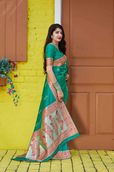 Banarasi Silk Designer Green and Silver Saree - PAAIE