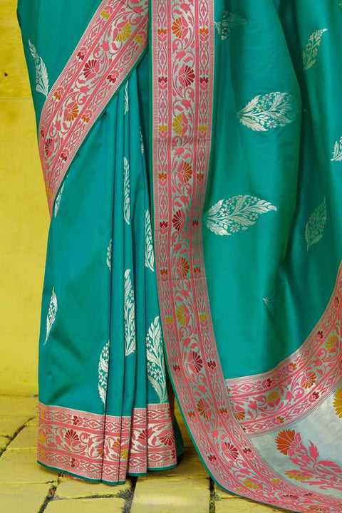 Banarasi Silk Designer Green and Silver Saree - PAAIE