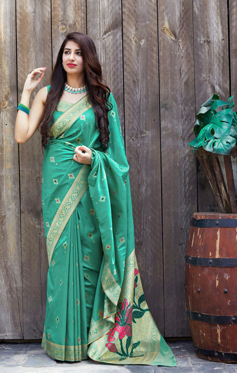 Surpassing Sea Green Color Party Wear Soft Banarasi Silk Designer Saree