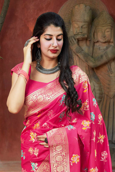 Banarasi Super Soft Silk Designer Fuchsia Color Saree - PAAIE