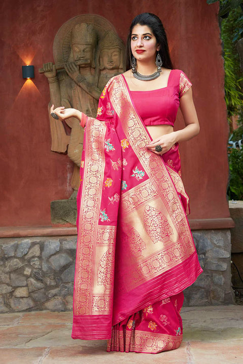 Banarasi Super Soft Silk Designer Fuchsia Color Saree - PAAIE
