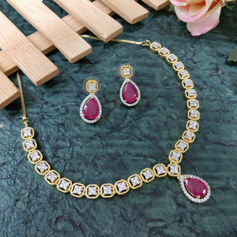 Designer Semi-Precious American Diamond Ruby Necklace with Earrings (D704)