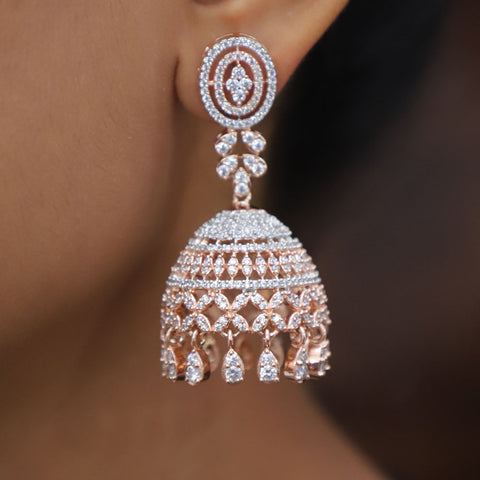 White Stones Gold American Diamond Contemporary Earrings Jhumki (E132) - PAAIE