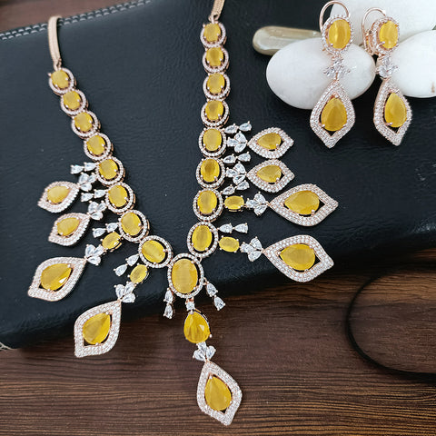 Yellow Color American Diamond Necklace with Earrings (D130) - PAAIE