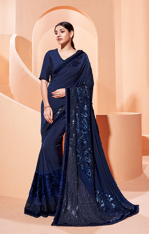 Appealing Navy Blue Color Party Wear Lycra Designer Saree