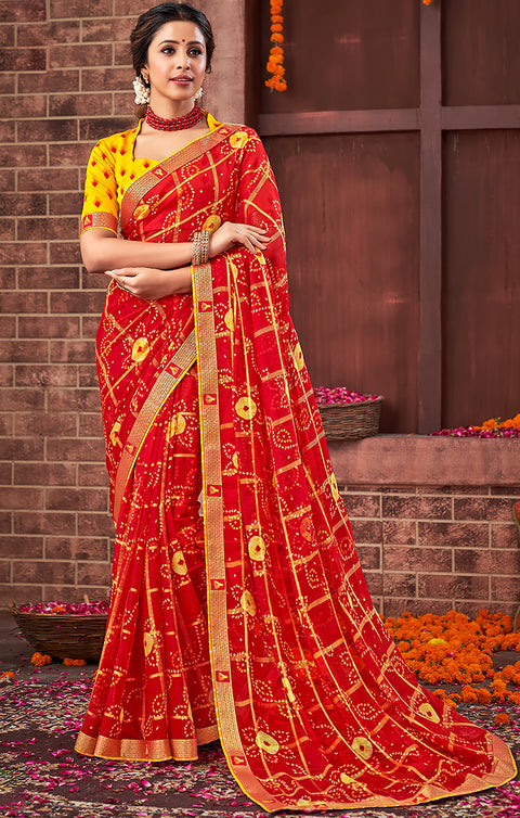 Designer Red & Yellow Color Bandhej Saree For Casual & Party Wear (D480)