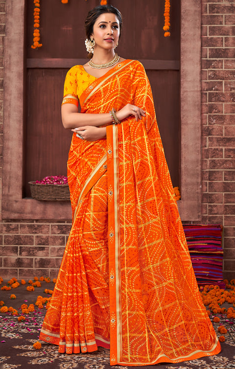 Designer Orange & Yellow Color Bandhej Saree For Casual & Party Wear (D482)