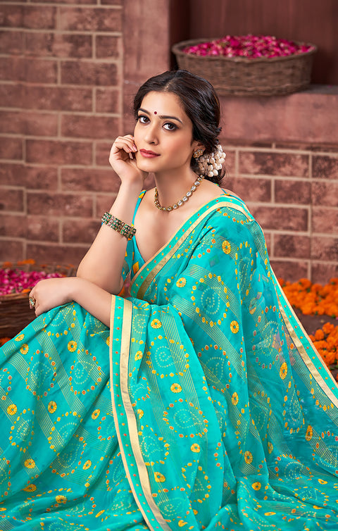 Designer Sea Green & Yellow Color Bandhej Saree For Casual & Party Wear (D484)