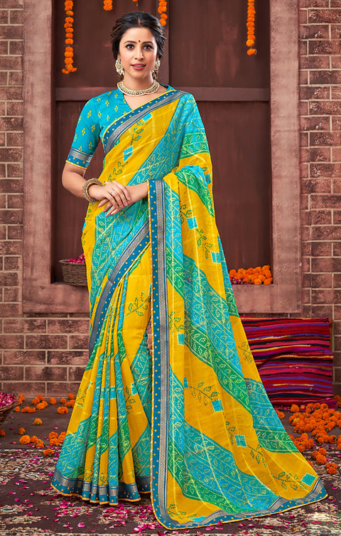 Designer Sea Green & Yellow Color Bandhej Saree For Casual & Party Wear (D486)