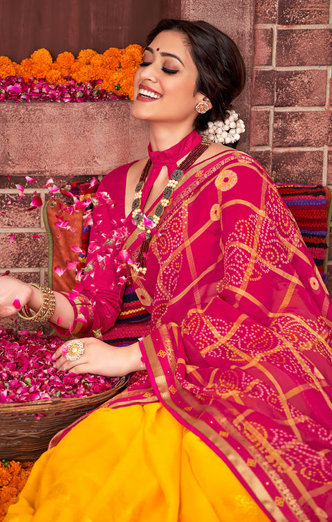 Designer Magenta & Yellow Color Bandhej Saree For Casual & Party Wear (D487)