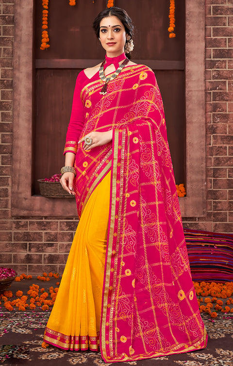 Designer Magenta & Yellow Color Bandhej Saree For Casual & Party Wear (D487)