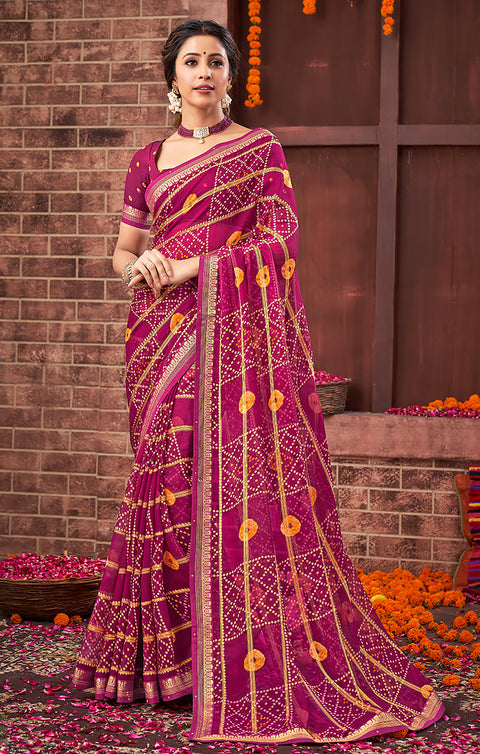 Designer Magenta & Golden Color Bandhej Saree For Casual & Party Wear (D488)