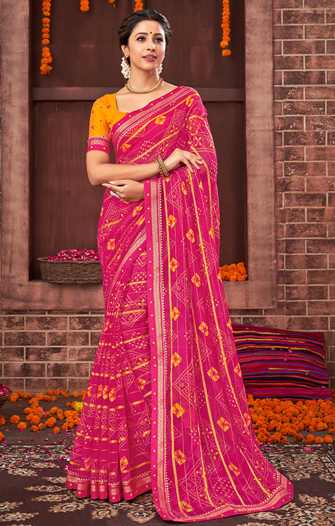 Designer Pink & Yellow Color Bandhej Saree For Casual & Party Wear (D489)