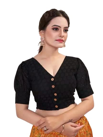 Black Color Women's Casual Pure Cotton Readymade Designer Saree Blouse, Hakoba Style, Puffed Sleeve & V-Neck, Padded And Stitched With Front Buttons Open Pattern(Design 1057)