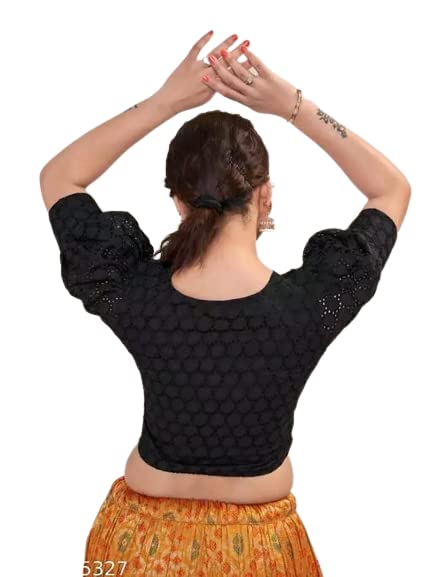 Black Color Women's Casual Pure Cotton Readymade Designer Saree Blouse, Hakoba Style, Puffed Sleeve & V-Neck, Padded And Stitched With Front Buttons Open Pattern(Design 1057)