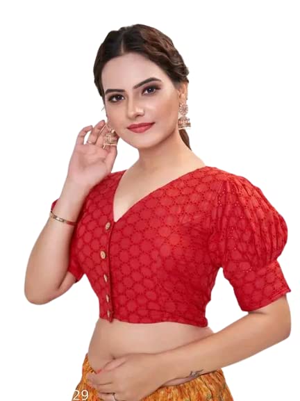 Red Color Women's Casual Pure Cotton Readymade Designer Saree Blouse, Hakoba Style, Puffed Sleeve & V-Neck, Padded And Stitched With Front Buttons Open Pattern (Design 1061)