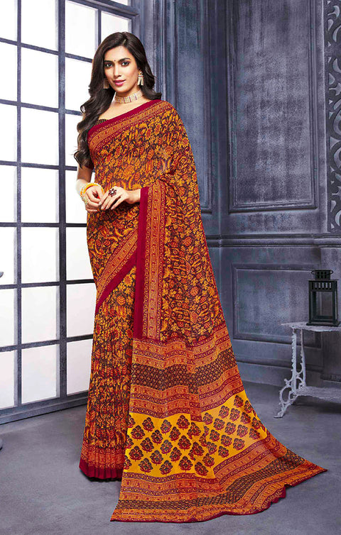 Designer Red/Yellow Georgette Printed Saree for Casual Wear (D433)