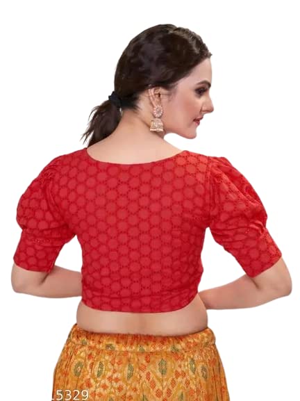 Red Color Women's Casual Pure Cotton Readymade Designer Saree Blouse, Hakoba Style, Puffed Sleeve & V-Neck, Padded And Stitched With Front Buttons Open Pattern (Design 1061)