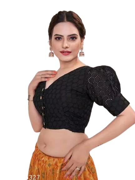 Black Color Women's Casual Pure Cotton Readymade Designer Saree Blouse, Hakoba Style, Puffed Sleeve & V-Neck, Padded And Stitched With Front Buttons Open Pattern(Design 1057)