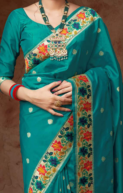 Stunning Sea Green Color Party Wear Banarasi Silk Designer Saree - PAAIE